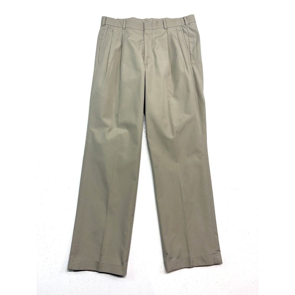 vtg Lands End 33x30‎ Khaki Pleated Dress Suit Pants Trousers Cotton USA Cuffed